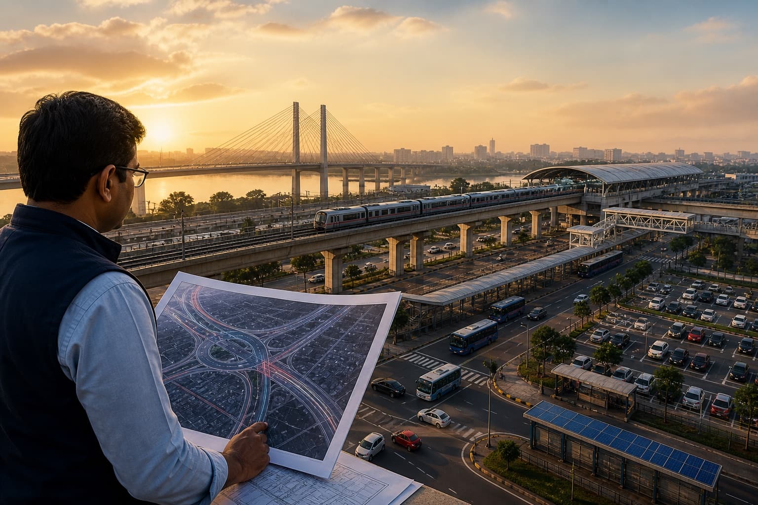 Indian transport planner reviewing a road design beside multimodal infrastructure