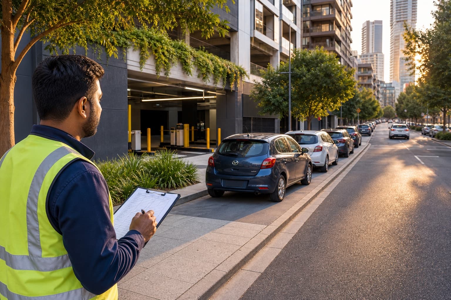 Indian surveyor recording parking occupancy in a Melbourne district