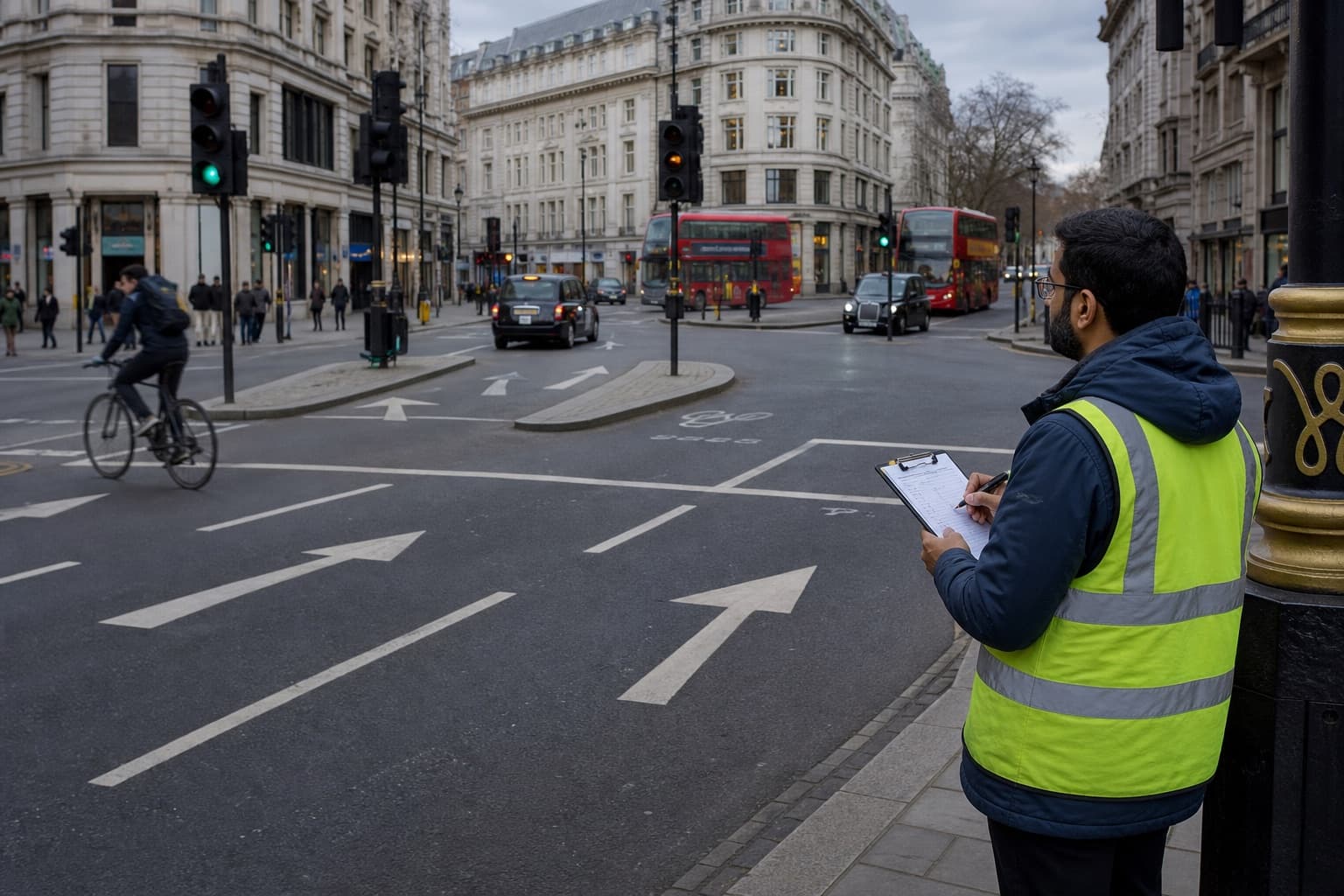 Indian surveyor recording turning movements at a London signalized junction