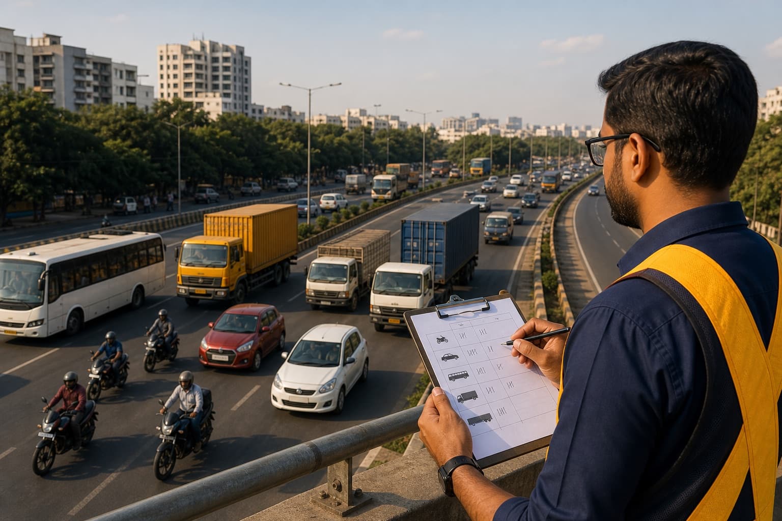 Indian analyst classifying cars, buses and trucks on a Pune ring road