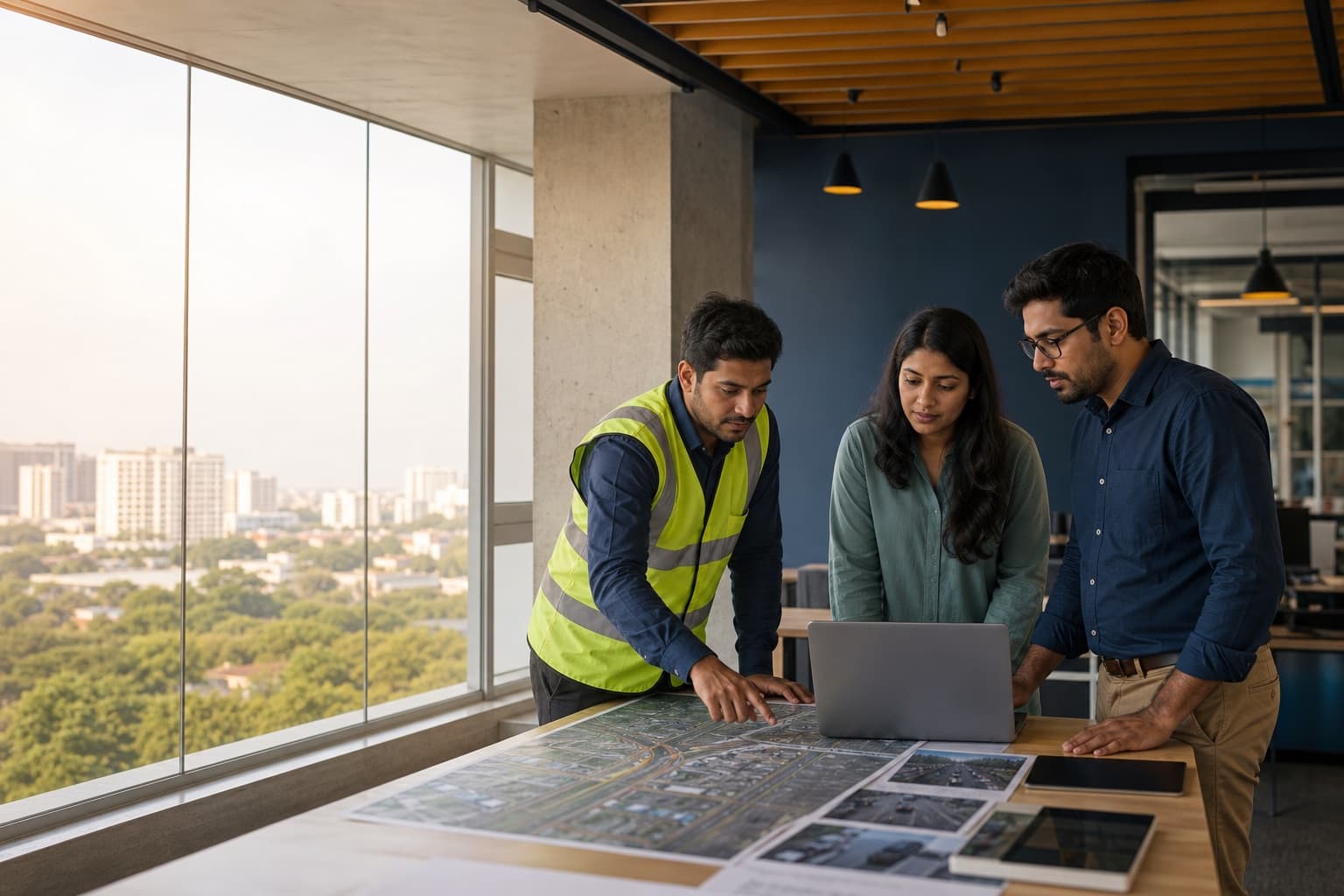 Indian traffic-data team collaborating around a road plan and dashboard