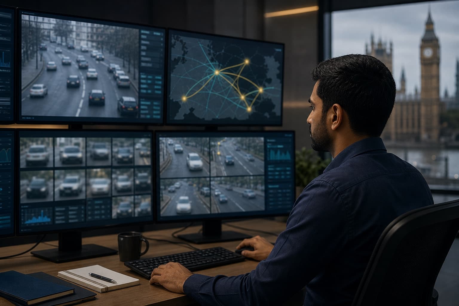 Indian analyst reviewing anonymized vehicle movement footage in a UK control room