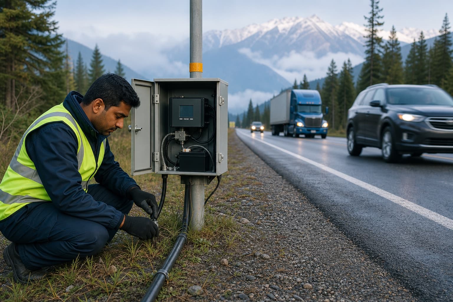 Indian field technician checking automatic traffic count equipment on a Canadian road