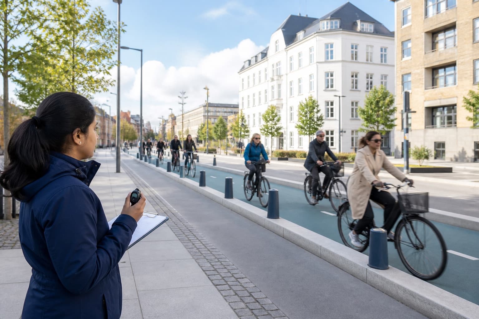 Indian analyst recording cyclists on a protected Copenhagen-style corridor