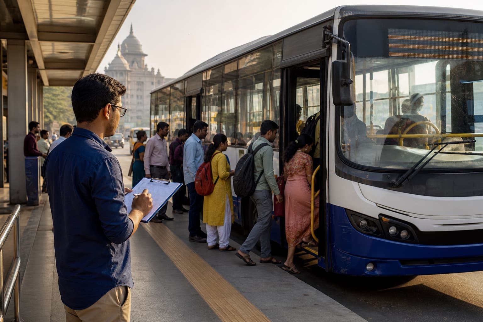 Indian analyst recording passenger loading on a city bus