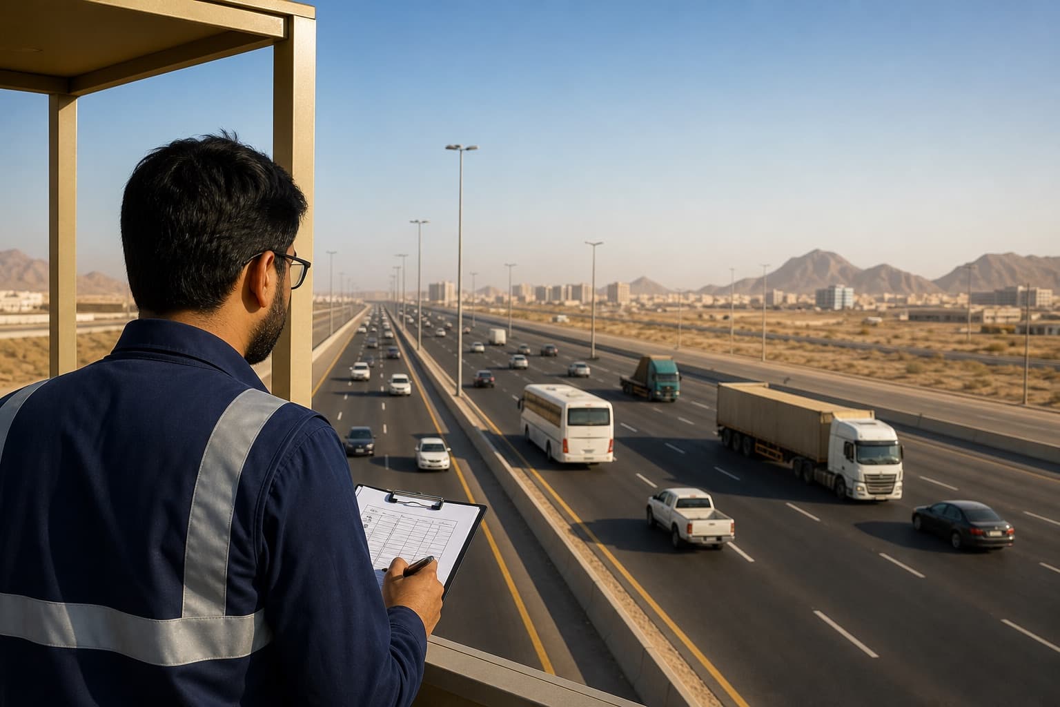 Indian analyst conducting a classified traffic count on a Saudi highway