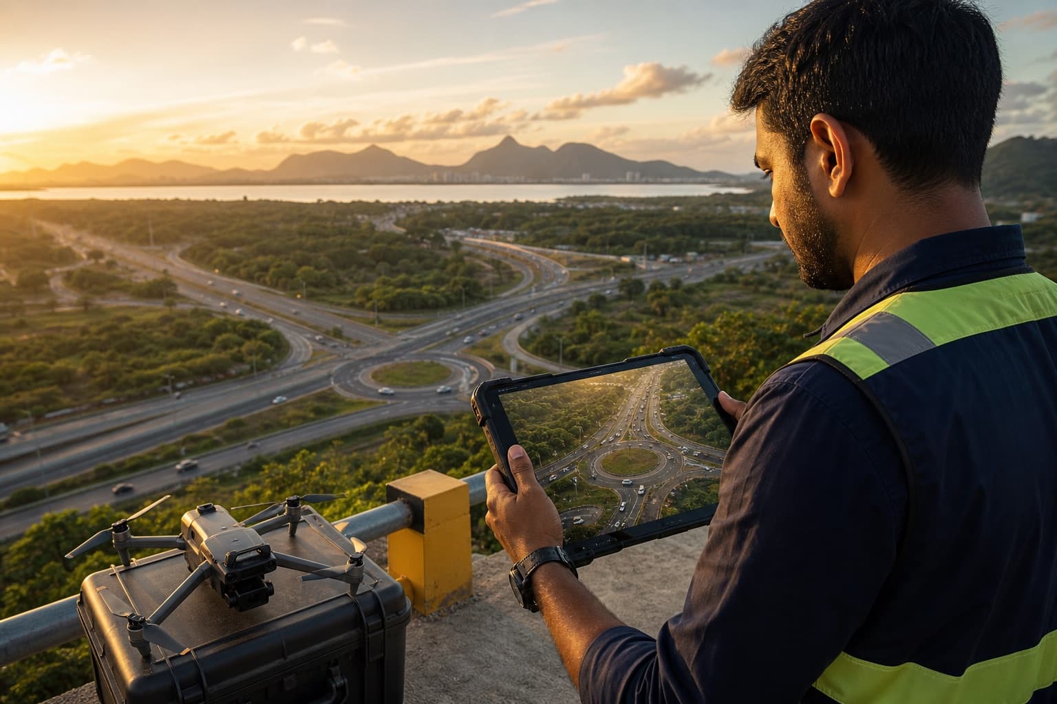 Indian analyst reviewing approved drone footage of a Brazilian interchange