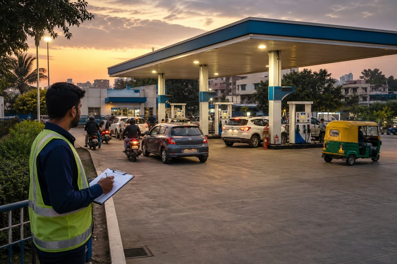 Indian surveyor counting vehicle entries and exits at a Bengaluru fuel station