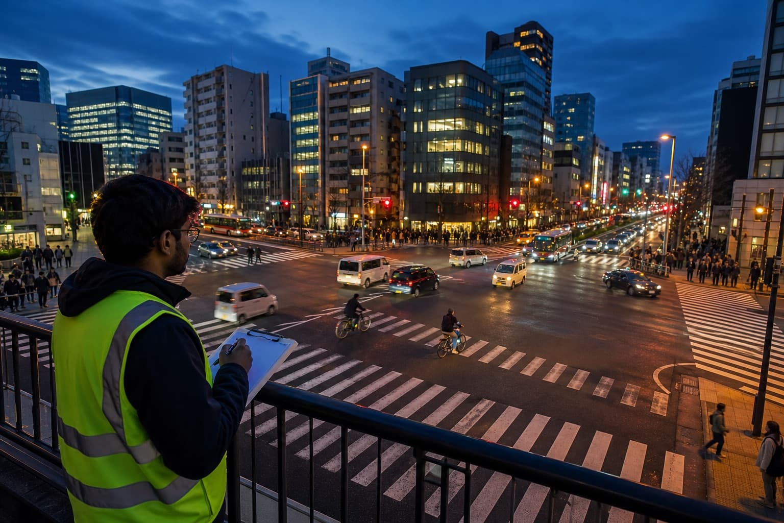 Indian analyst recording a busy Tokyo intersection count