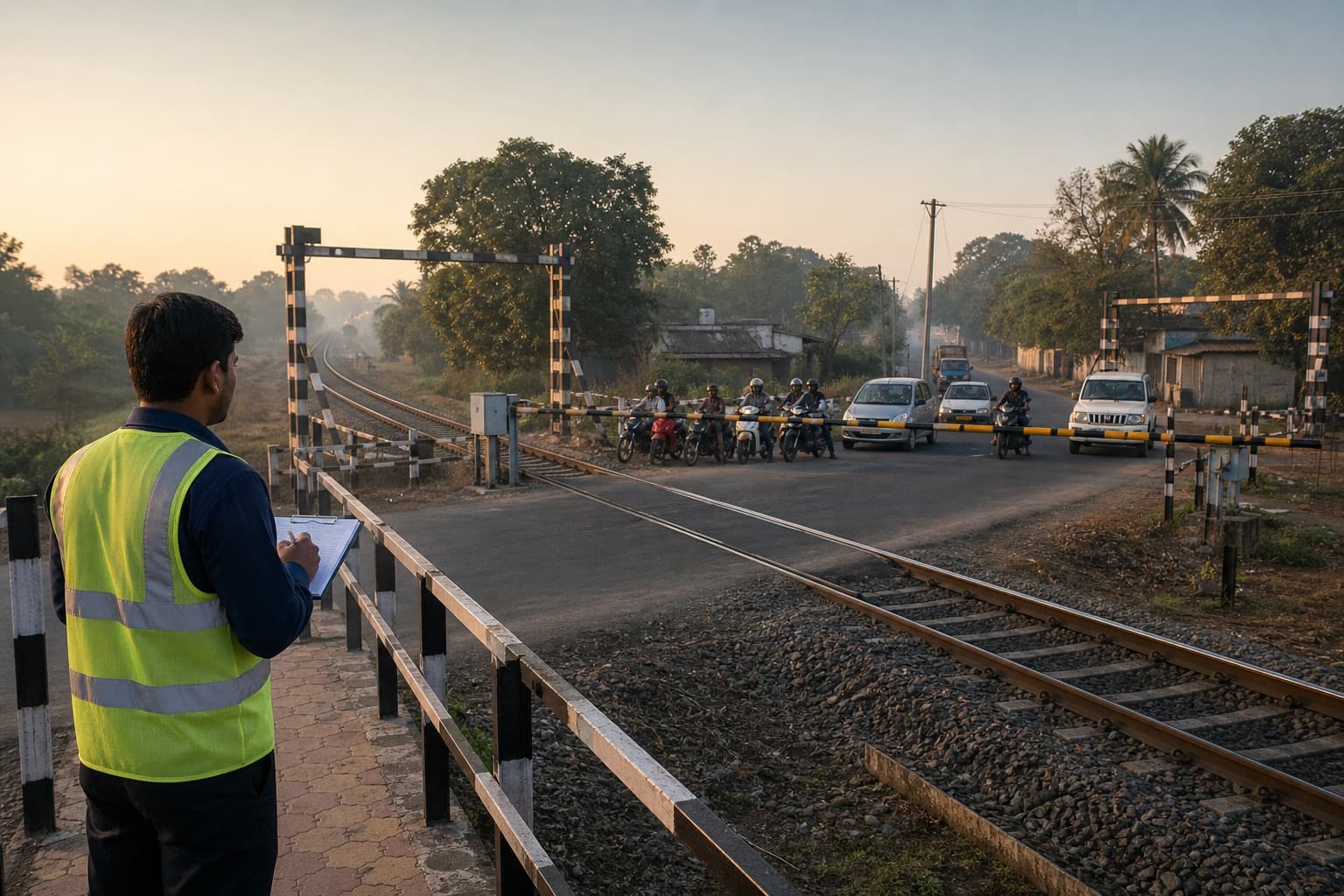 Indian analyst observing road and rail movements at a protected crossing