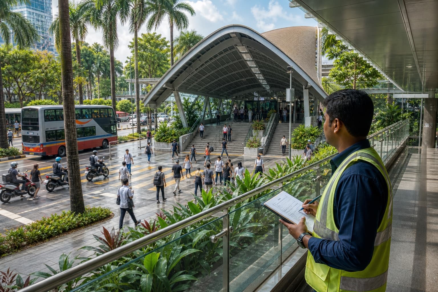 Indian surveyor counting access activity around a Singapore metro station
