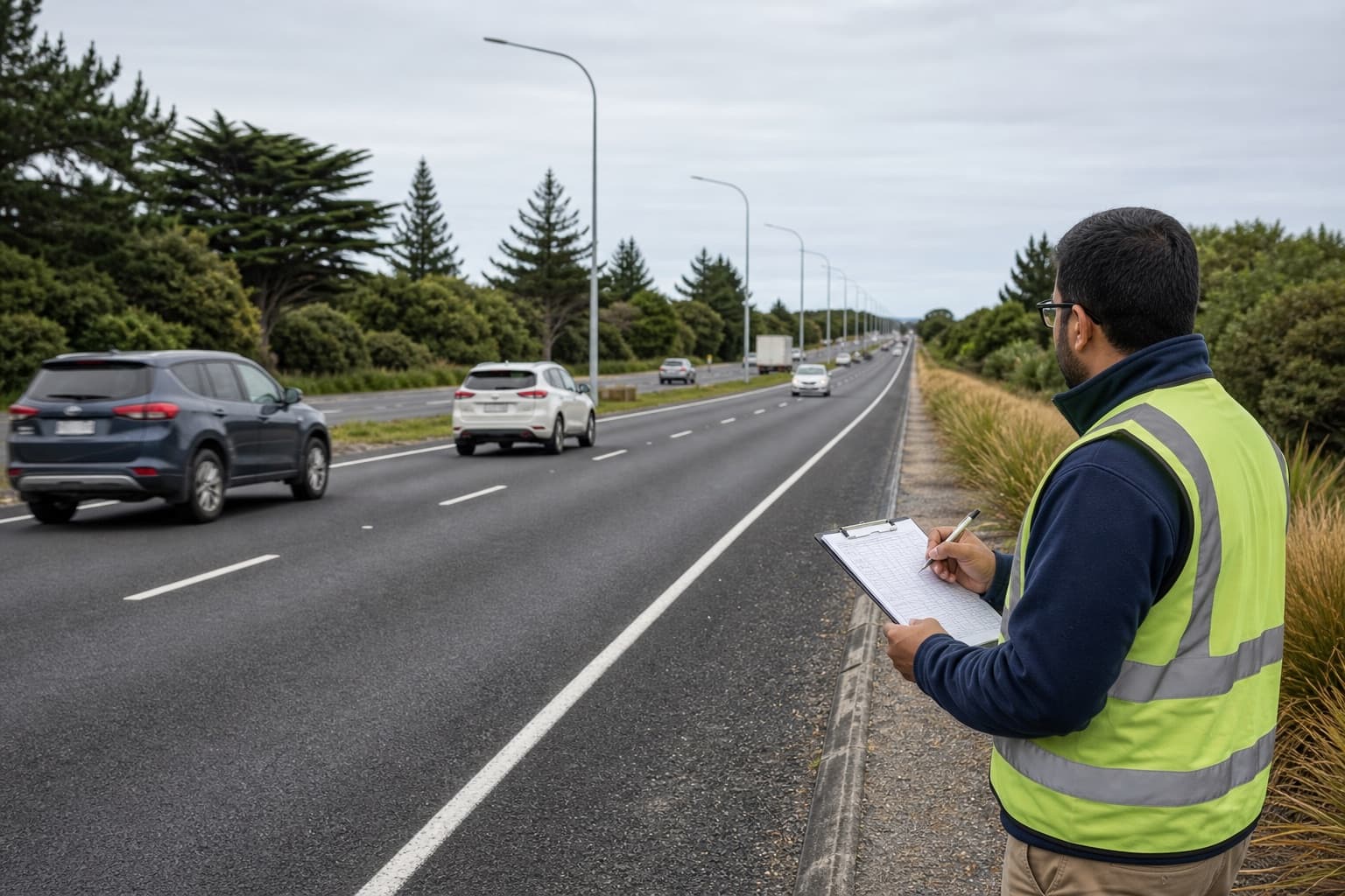 Indian surveyor conducting a mid-block count on a New Zealand arterial