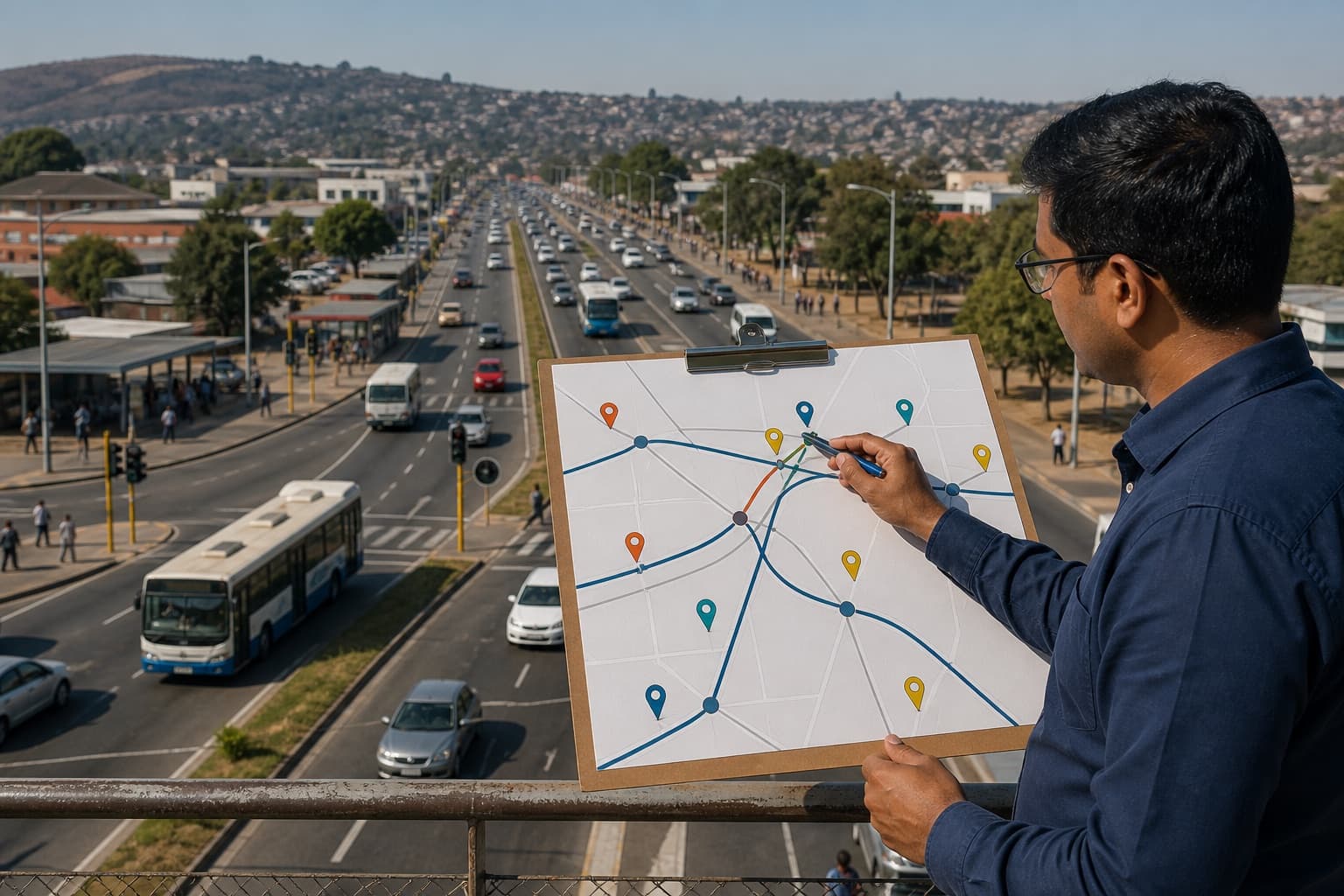Indian analyst reviewing manual origin-destination routes on a South African corridor