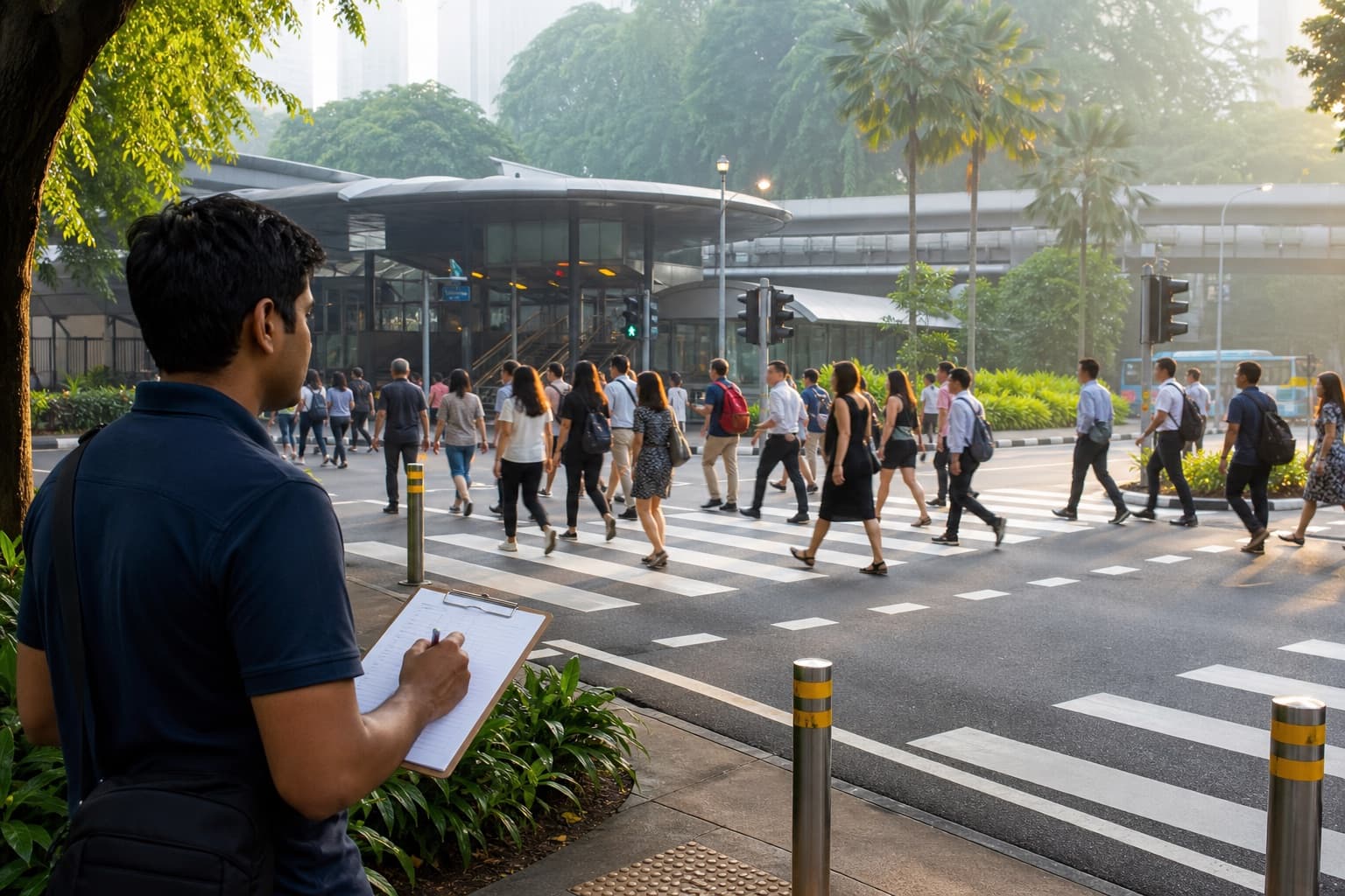 Indian analyst manually counting pedestrians at a Singapore crossing