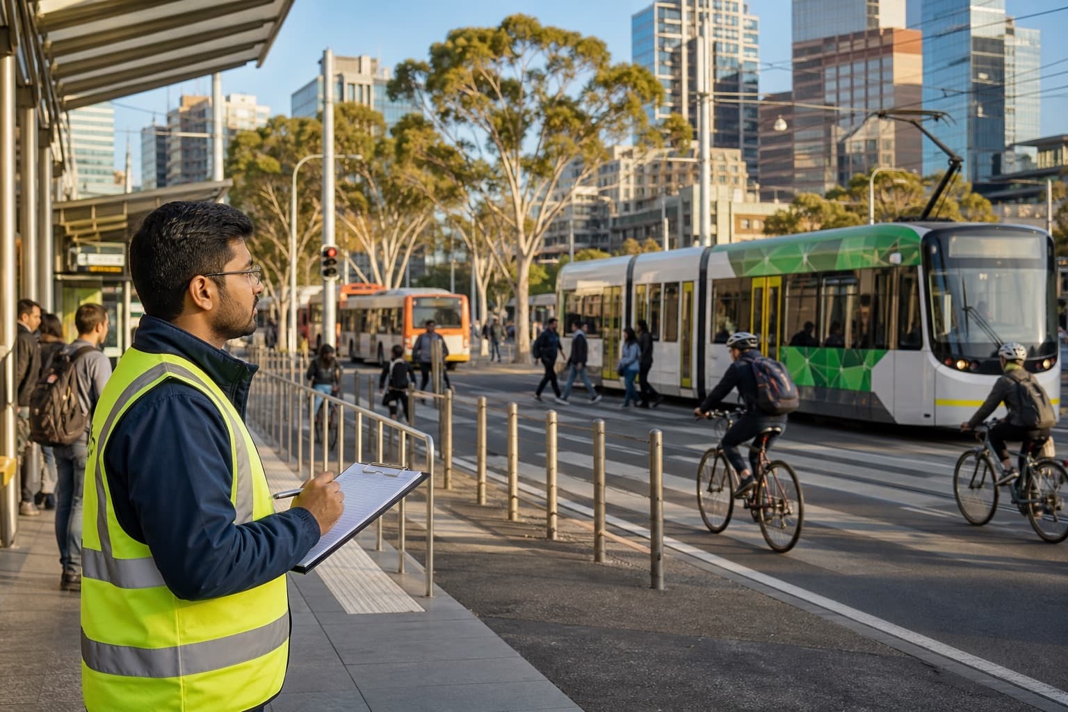 Indian analyst recording bus and tram movements at a Melbourne interchange