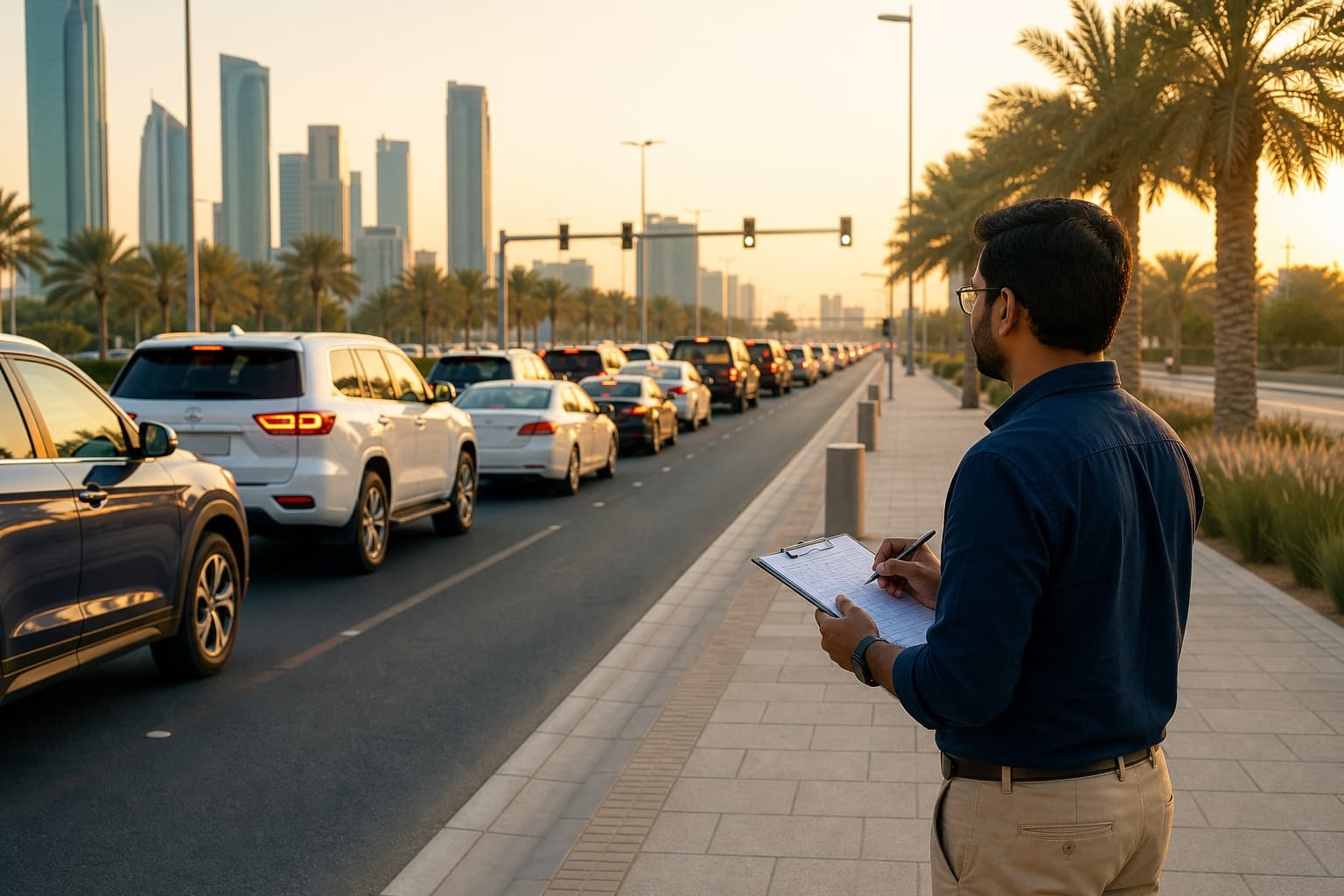 Indian analyst measuring a vehicle queue on an Abu Dhabi boulevard
