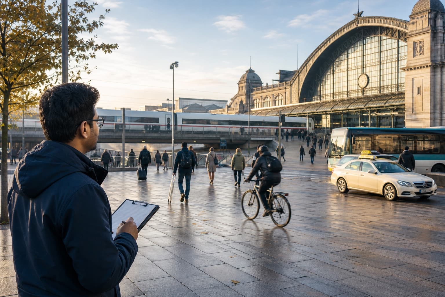 Indian analyst recording multimodal activity outside a German railway station