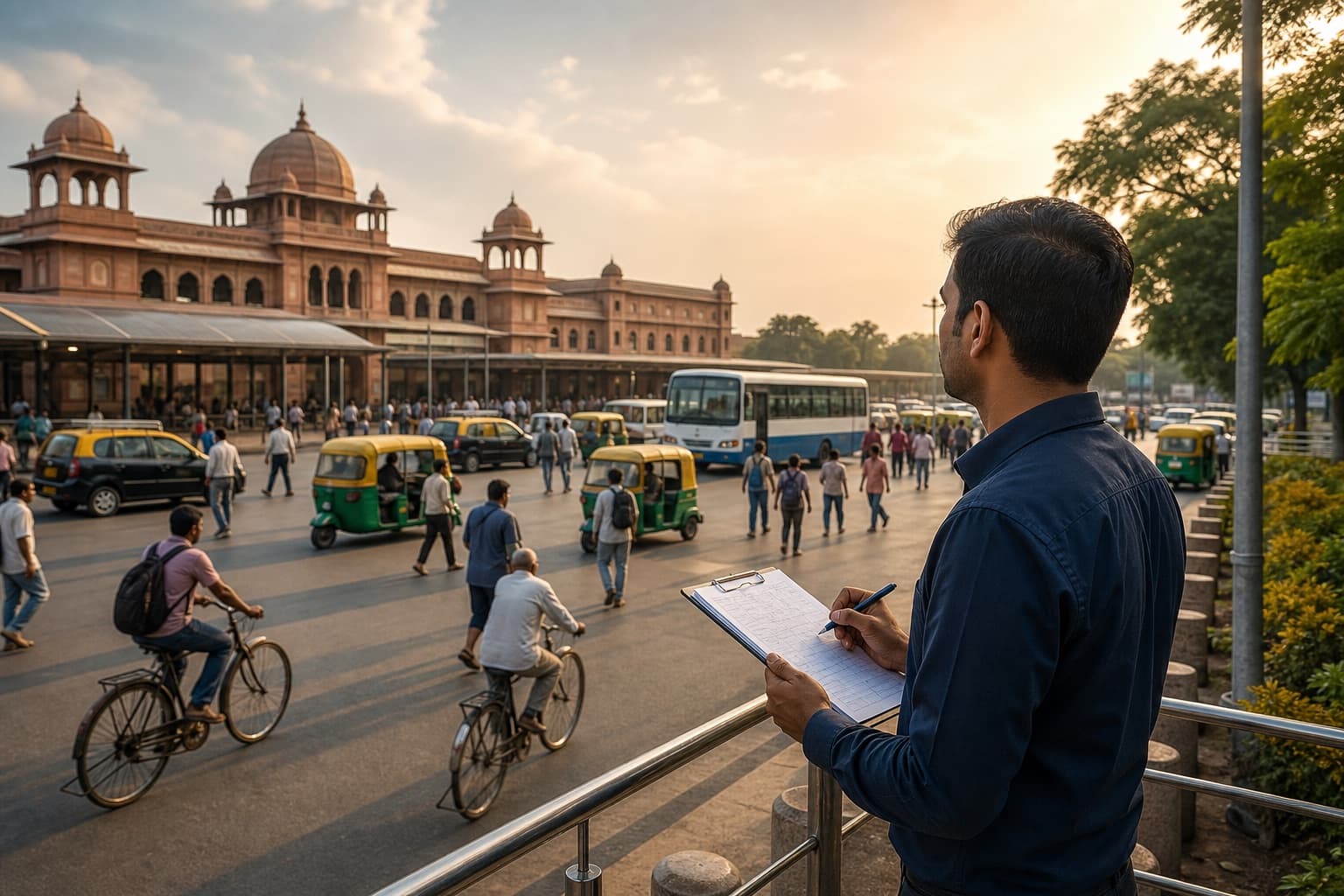Indian analyst recording multimodal activity outside an Indian railway station