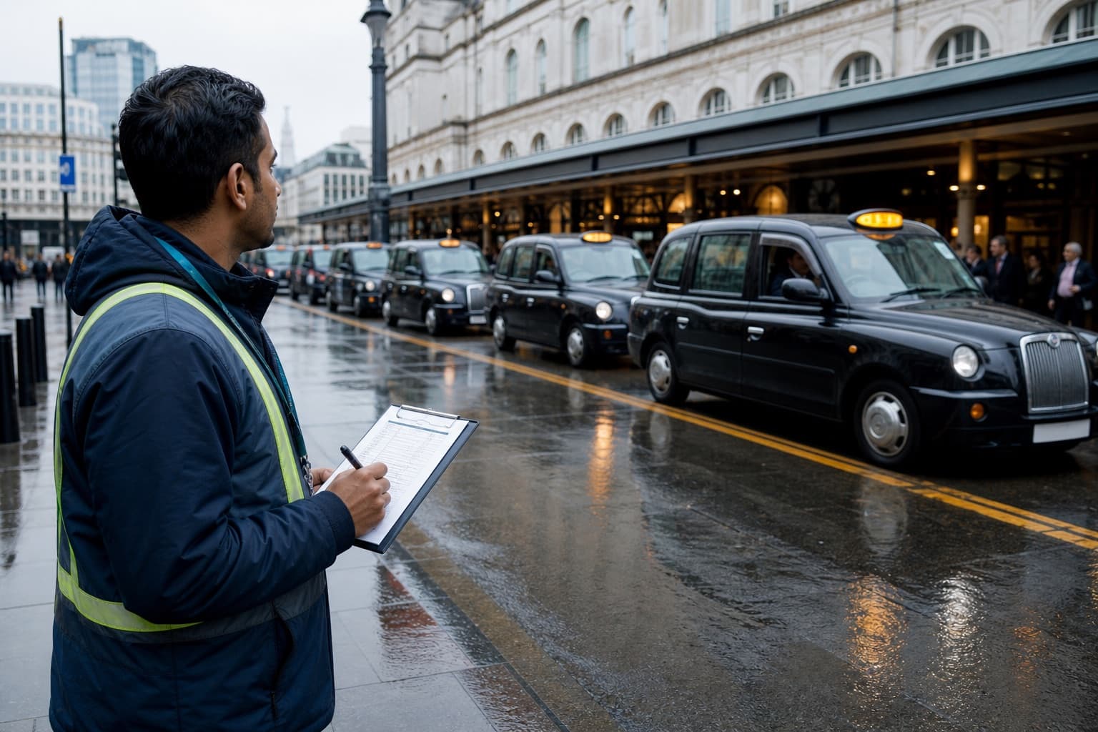 Indian traffic analyst monitoring a London taxi queue
