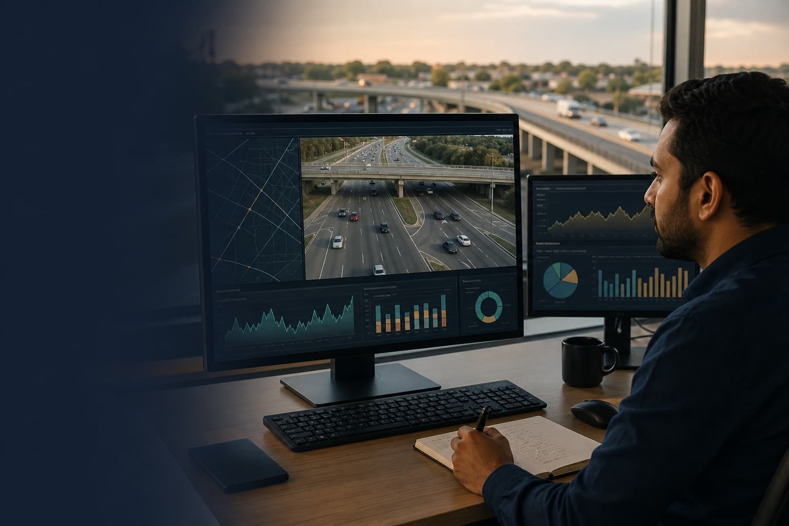 Indian traffic analyst reviewing a video-derived traffic dashboard after a US arterial study