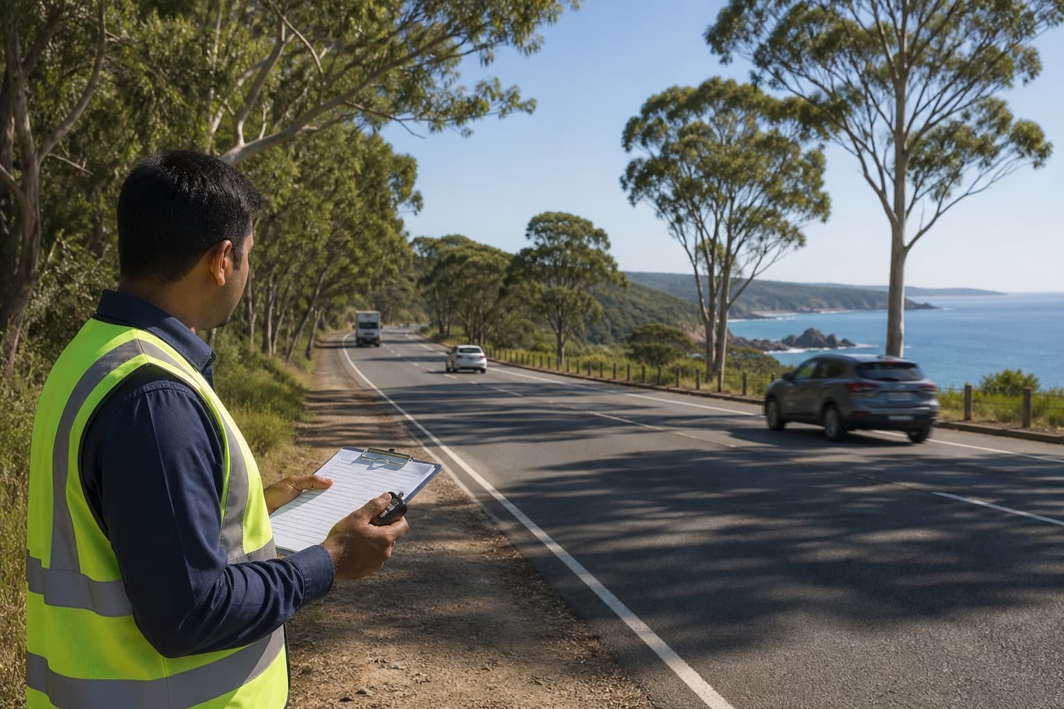 Indian field analyst conducting manual traffic collection on an Australian arterial