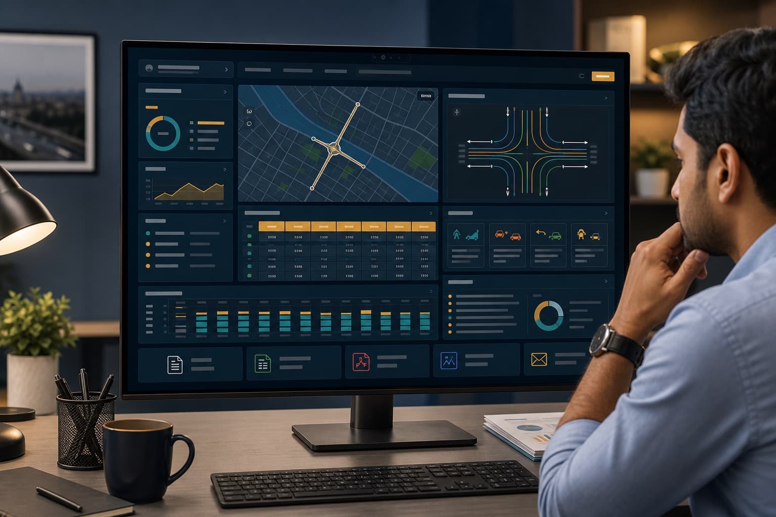 Indian analyst reviewing a finished traffic survey report with maps and interval tables