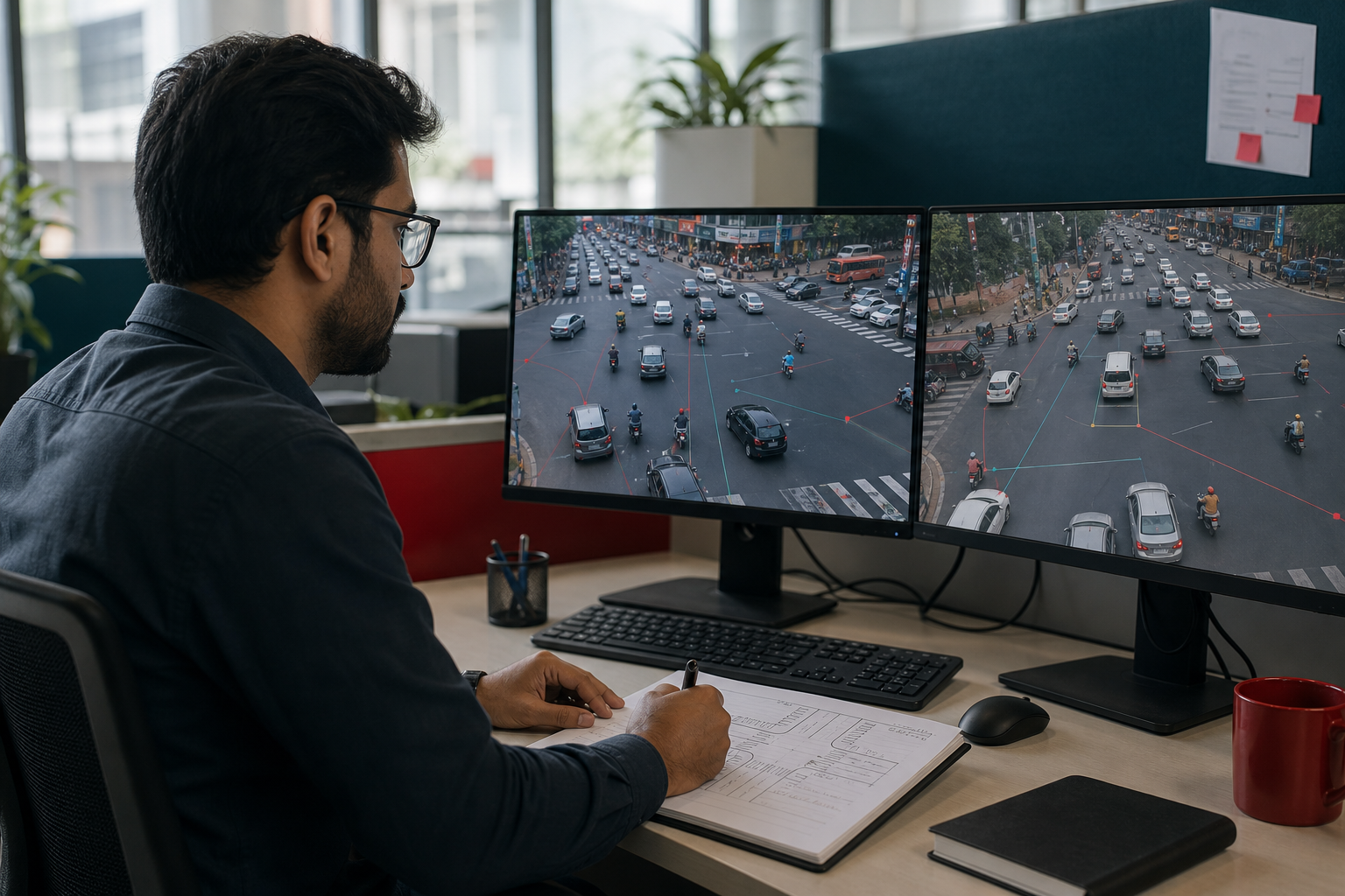 Traffic-data analyst reviewing synthetic urban intersection footage across two monitors