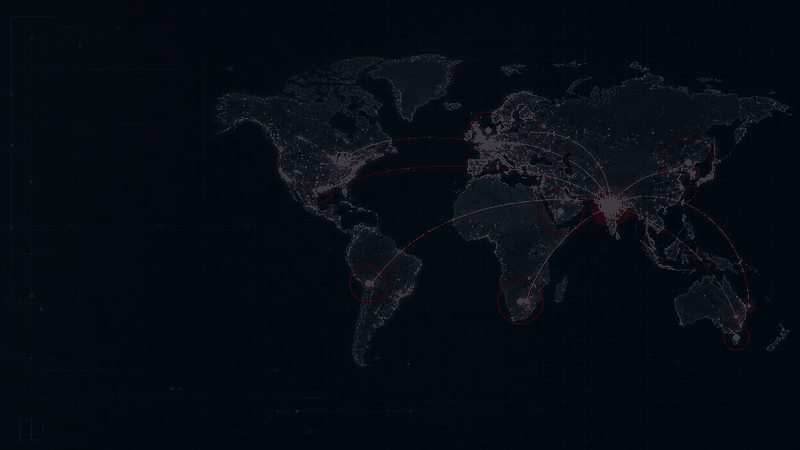 Animated world map showing red traffic-data connections from India to international regions